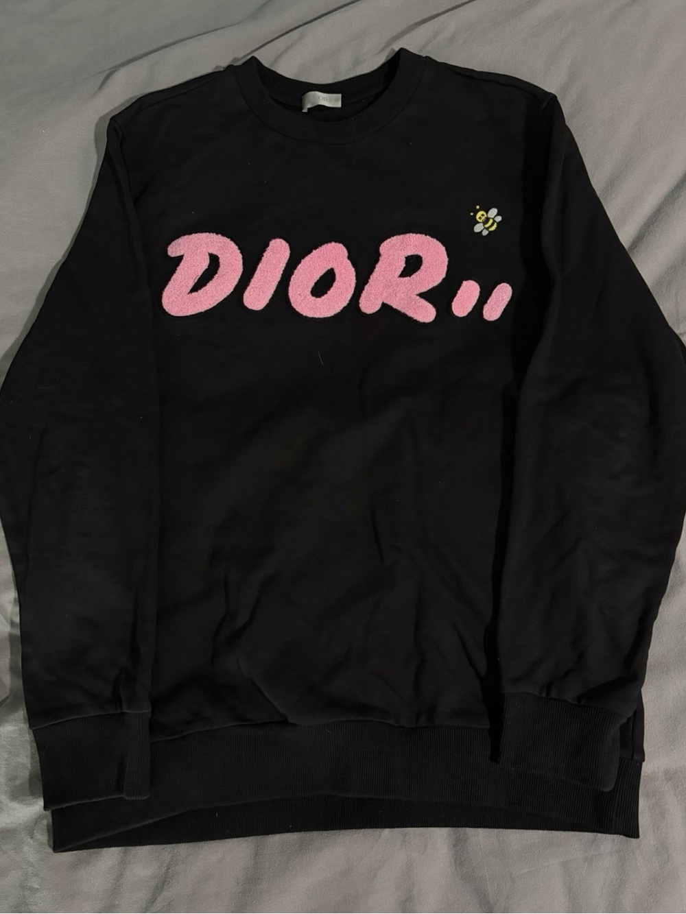 Dior x Kaws crew Black Sweatshirt with Pink Terry Logo and Bee Embroidery.